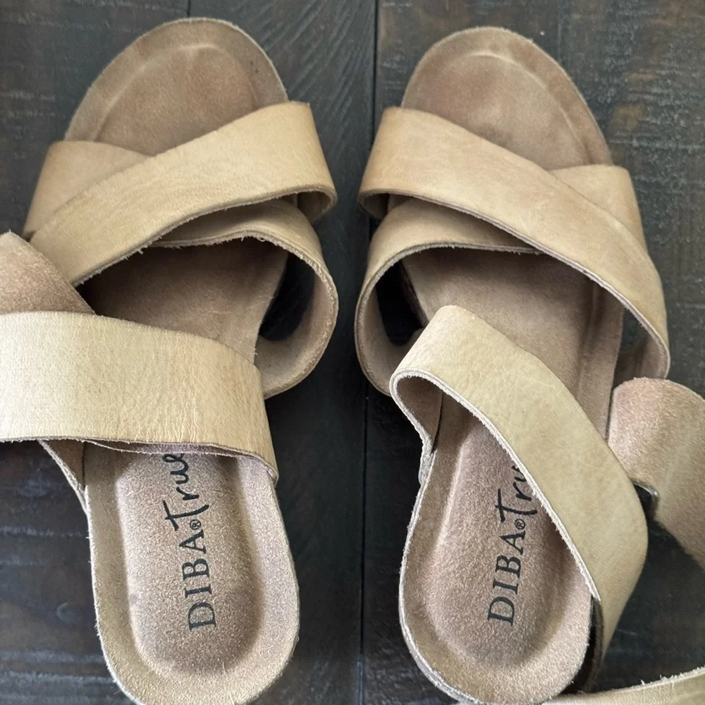 Diba True Tan Wedges with Adjustable Buckle and Cork Footbed